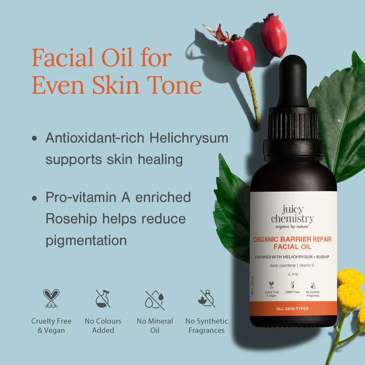 Juicy Chemistry Organic Barrier Repair Facial Oil Fortified with Helichrysum + Rosehip - Image 3