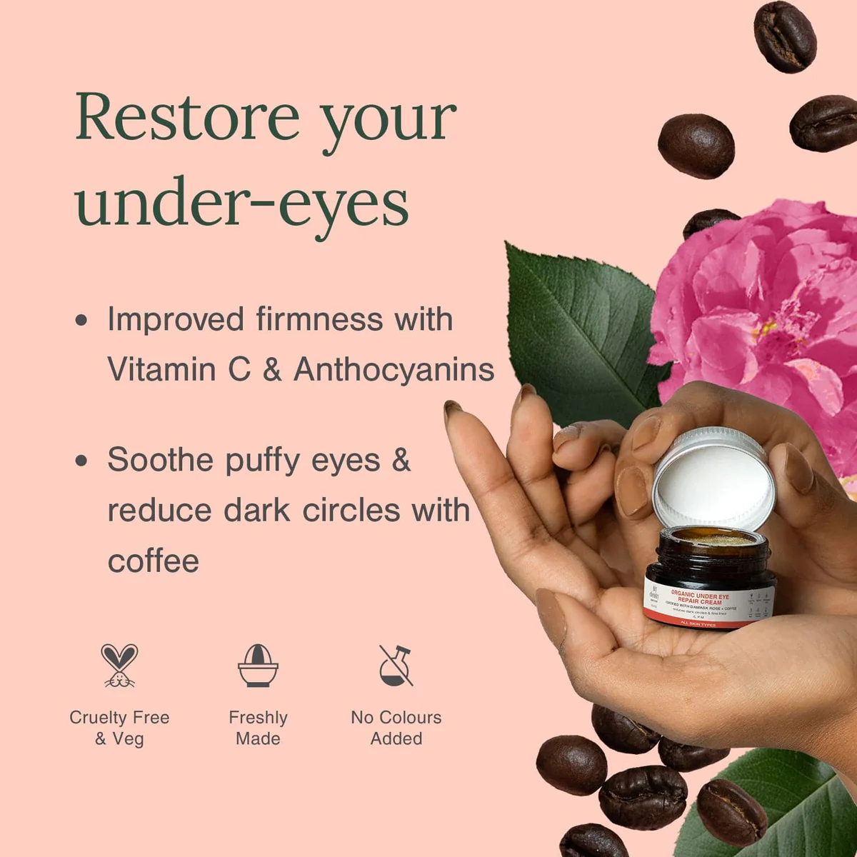 Organic Under Eye Repair Cream Fortified with Damask Rose + Coffee (5 gm) - Image 4