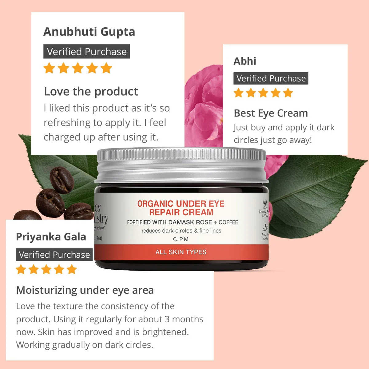 Organic Under Eye Repair Cream Fortified with Damask Rose + Coffee (5 gm) - Image 5