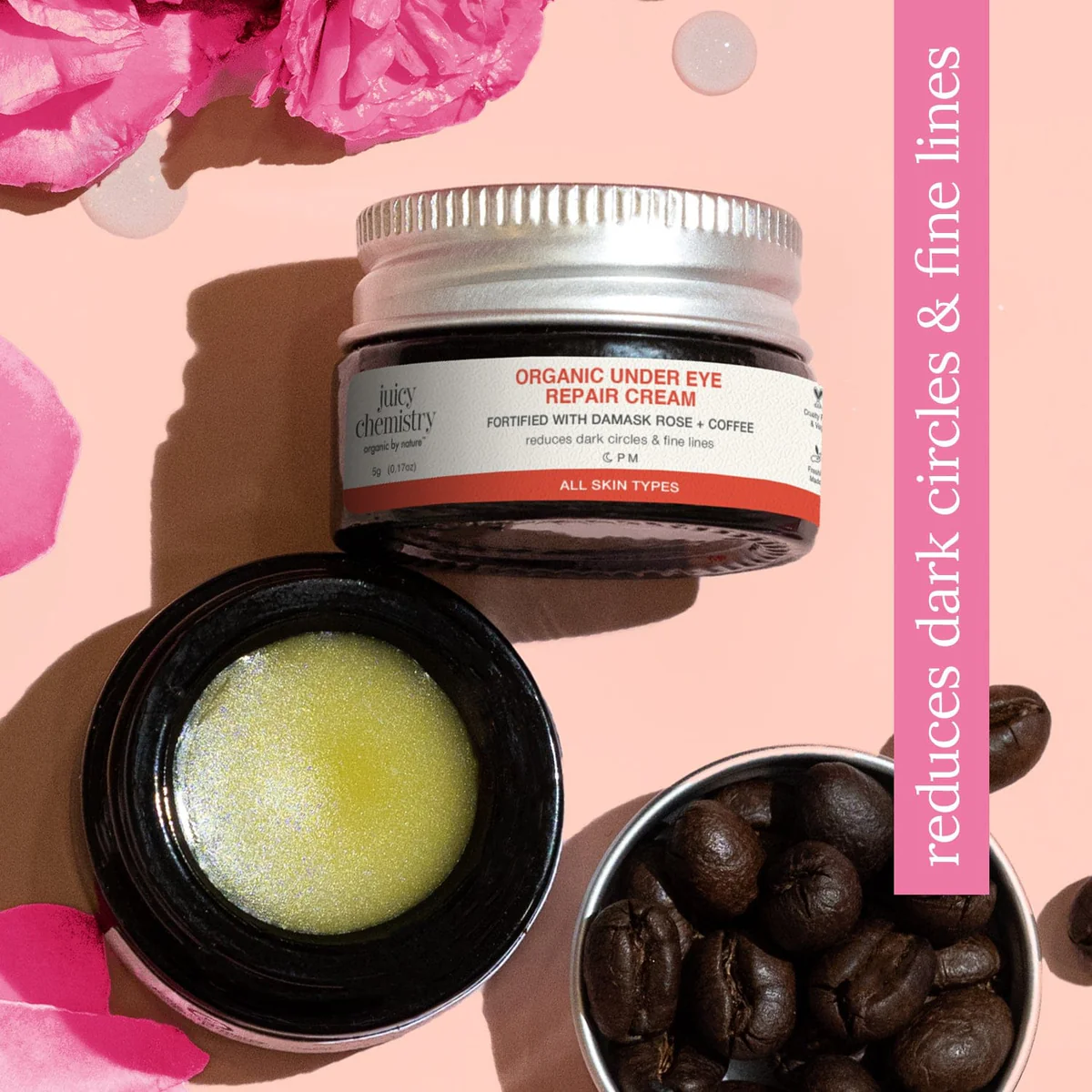 Organic Under Eye Repair Cream Fortified with Damask Rose + Coffee (5 gm)